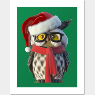 Christmas Owl Wearing Santa Costume and Red Scarf Vector Posters and Art